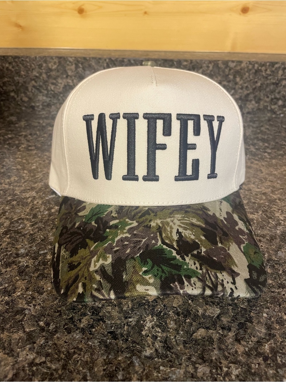 Wifey Embroidered Trucker Hat in White with Camo Brim